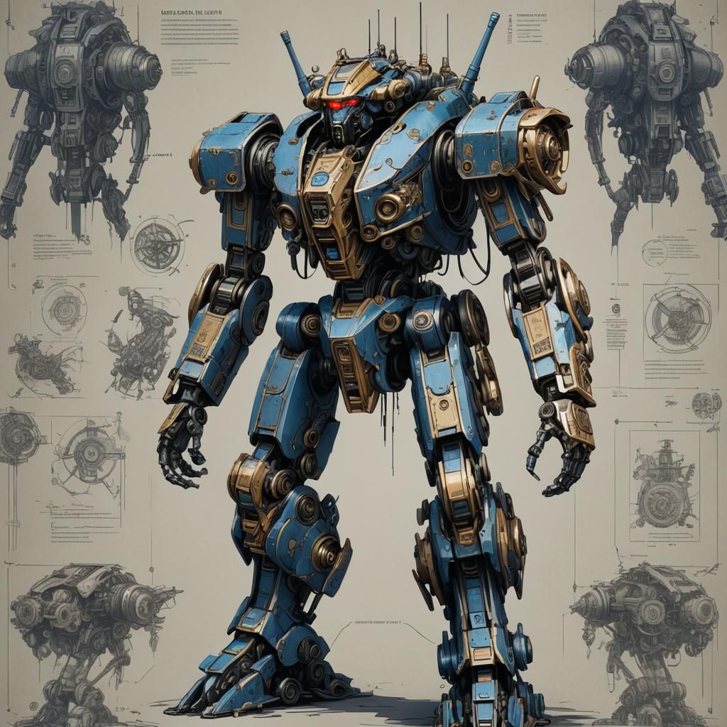 Detailed Blueprint of a Bipedal Mech in Baroque Style