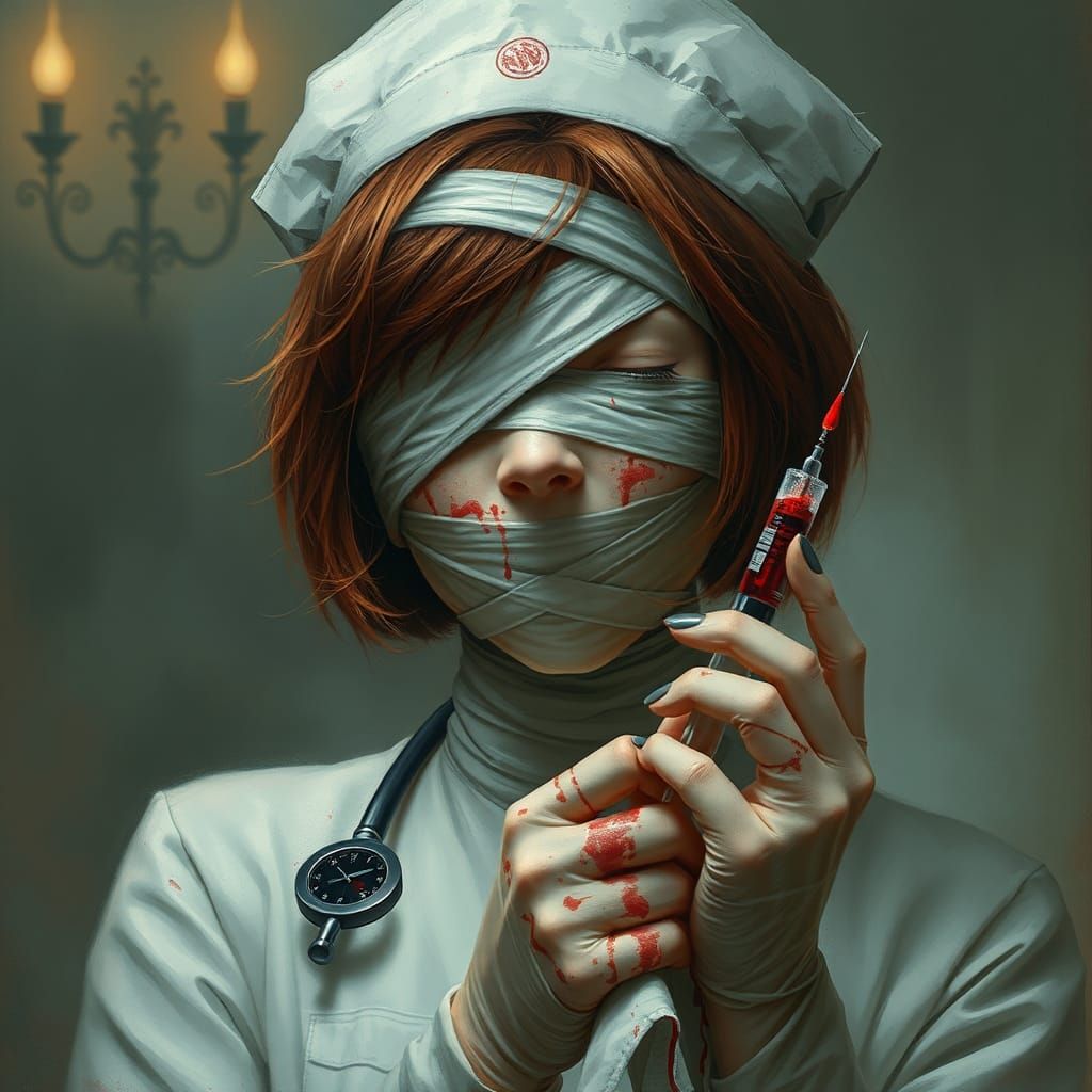 Ethereal Bandaged Nurse with Syringe, Digital Painting