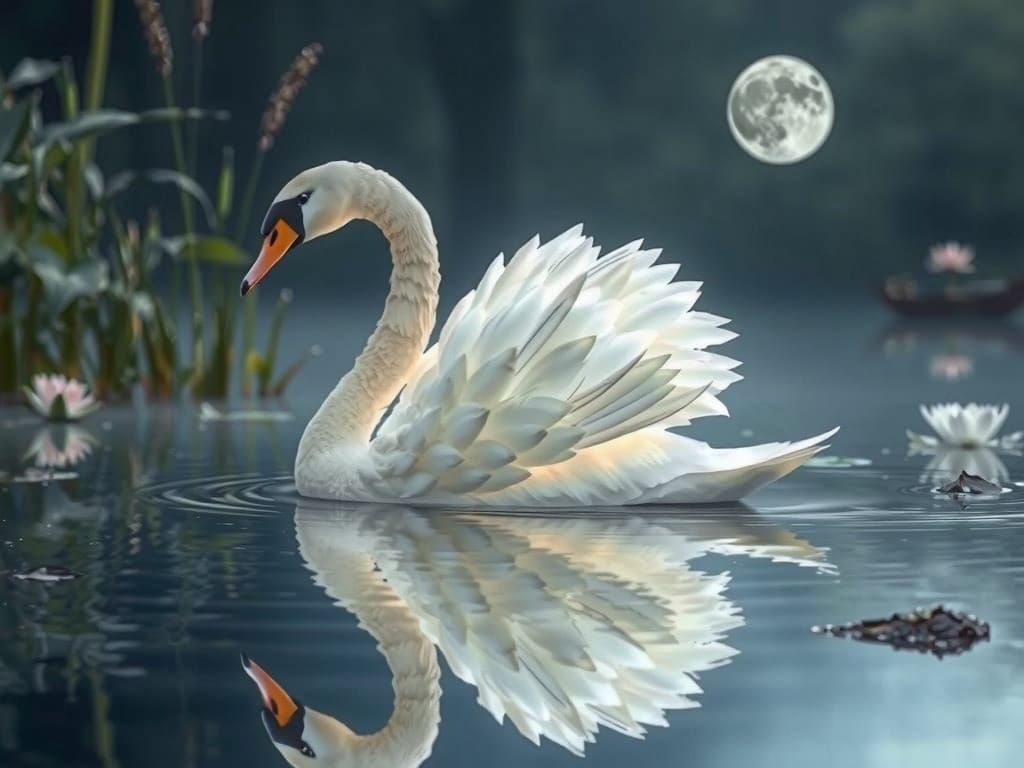 Elegant Swan Amidst Waterlilies on Moonlit Pond