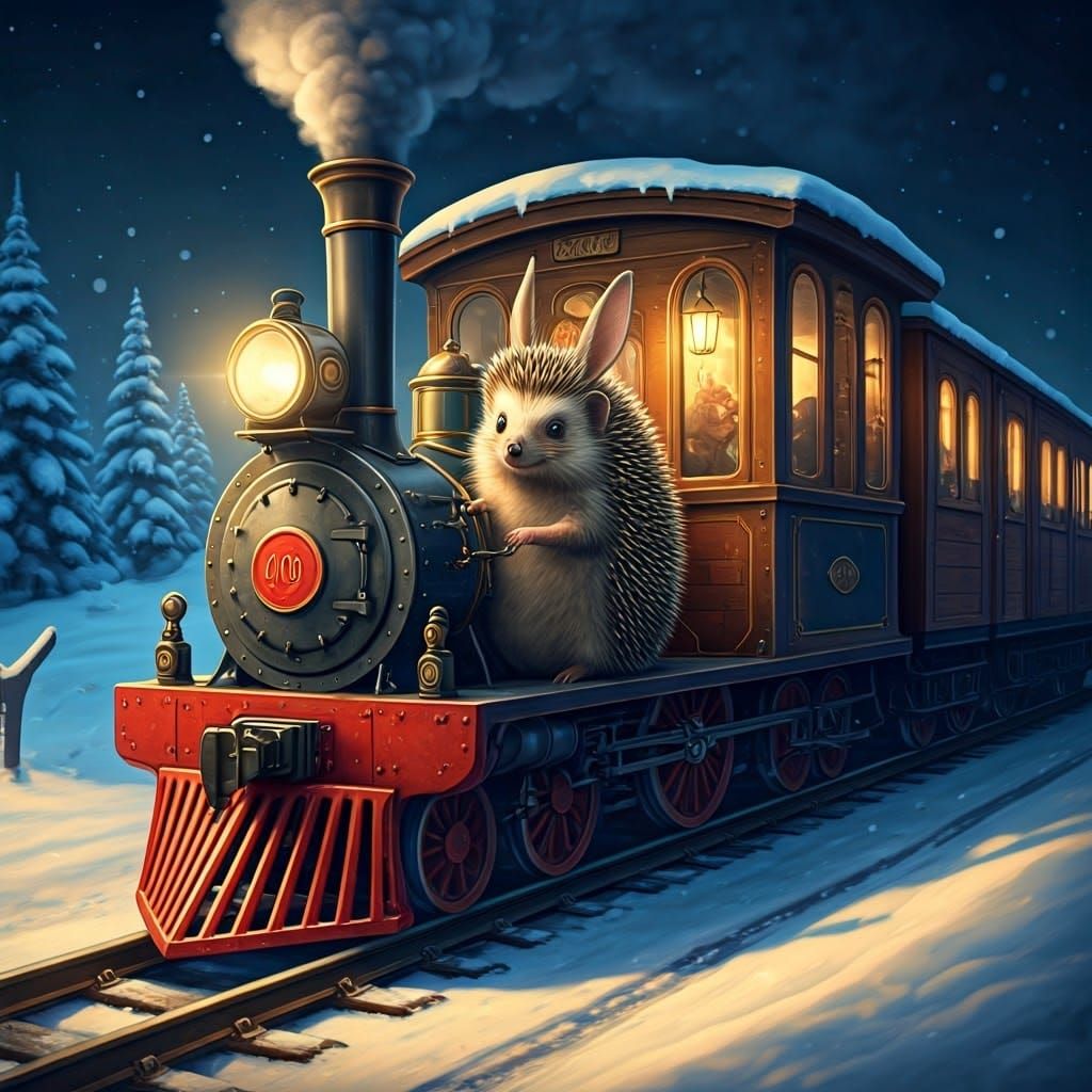 Vintage Train Chugs Along Snowy Tracks with Whimsical Passen...