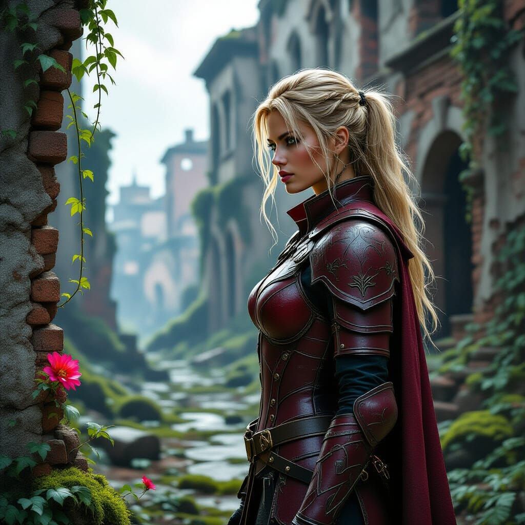Crimson Warrior Amidst Ruined City