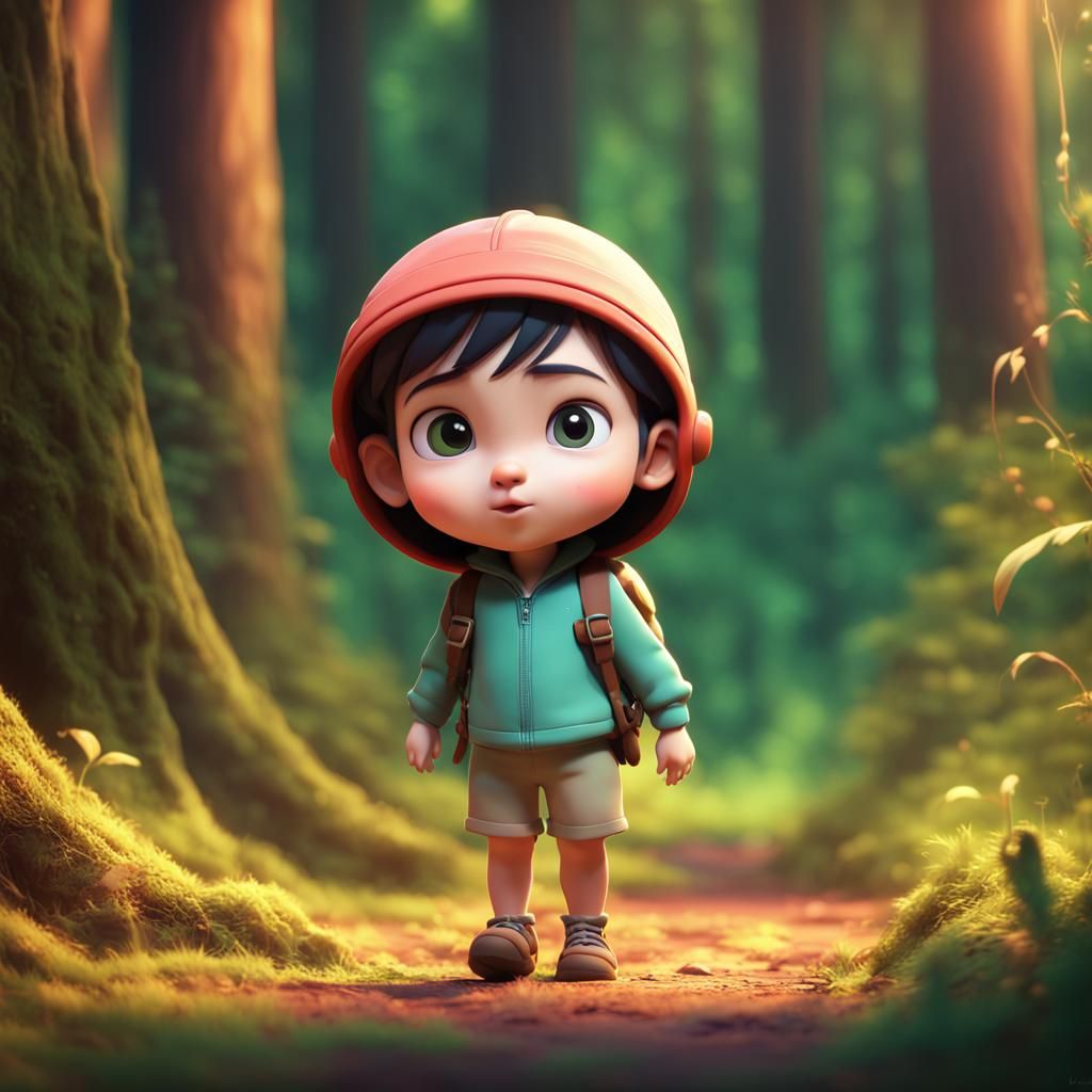 Lost Chibi Children in Forest: Pixar-Style 3D Art