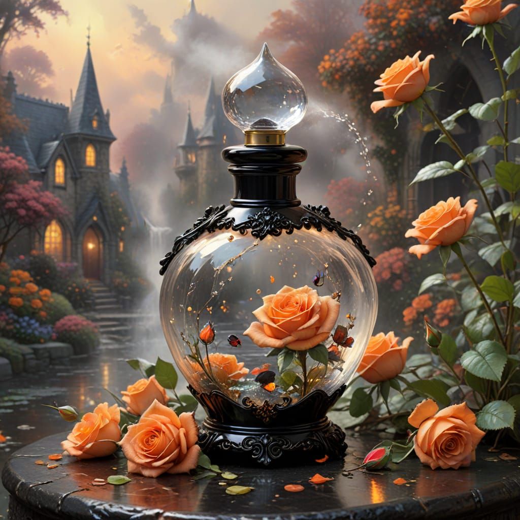 Gothic Perfume Bottle with Orange Roses and Mist
