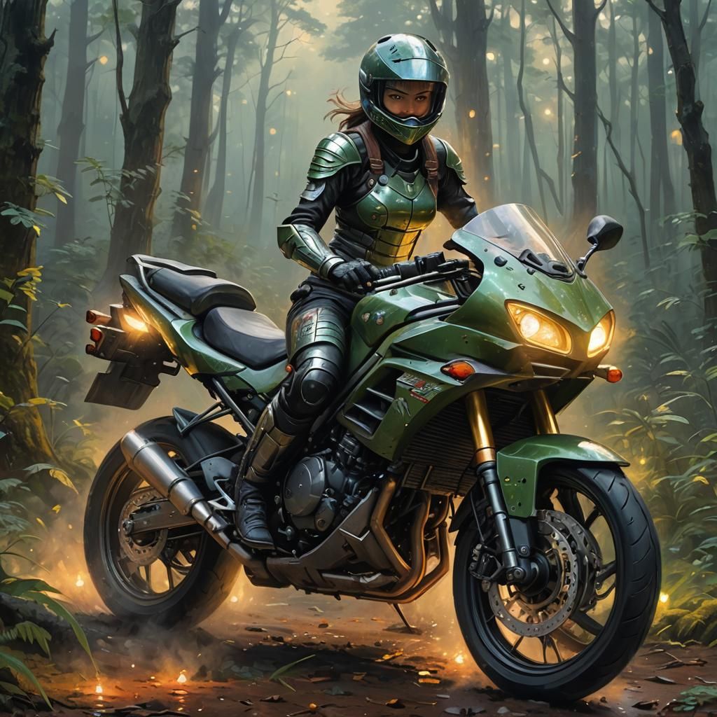 Armored Girl on Motorcycle in Neo-Impressionist Oil Painting