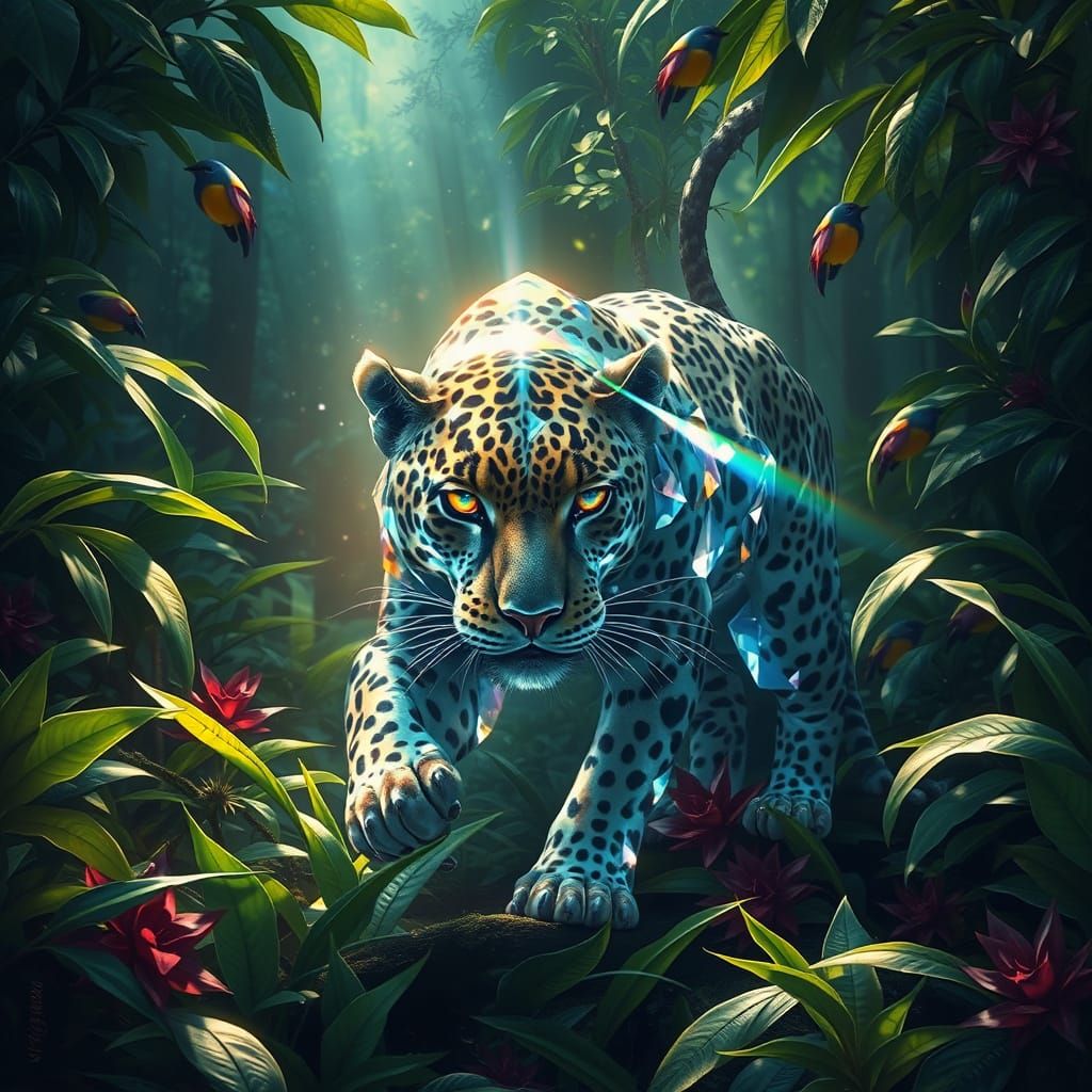Crystal Leopard in Vibrant Jungle, Hyperrealistic Art