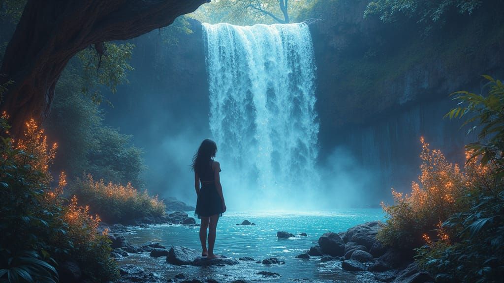 Woman Gazing at Starlight Waterfall