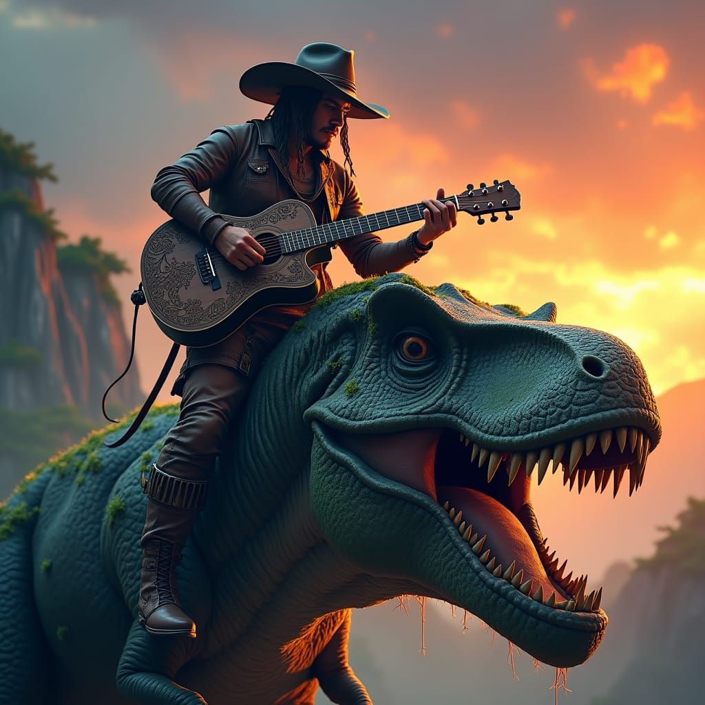 Epic Guitarist on T-Rex Skull at Sunset
