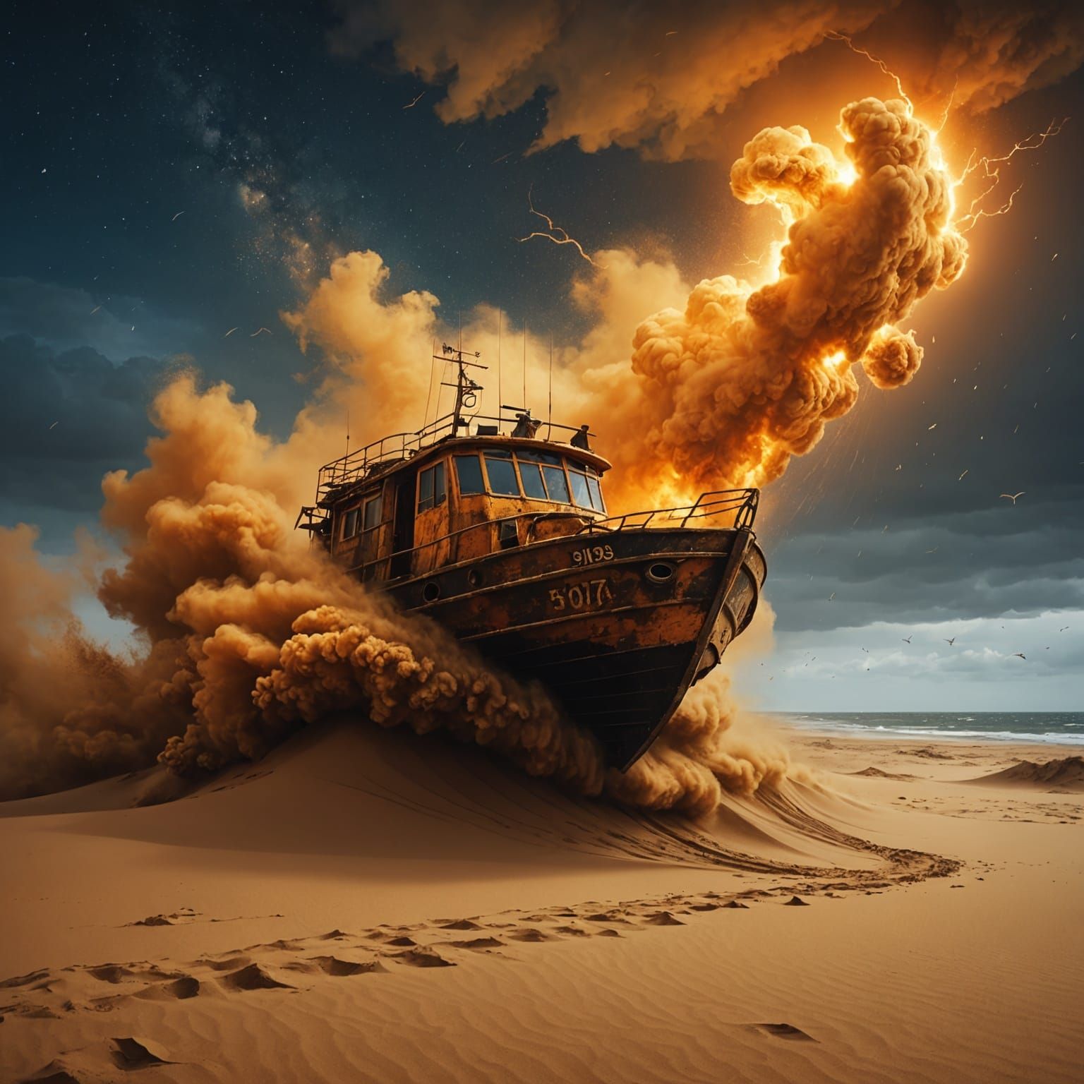 Photorealistic Sandstorm with Boat in Night Sky