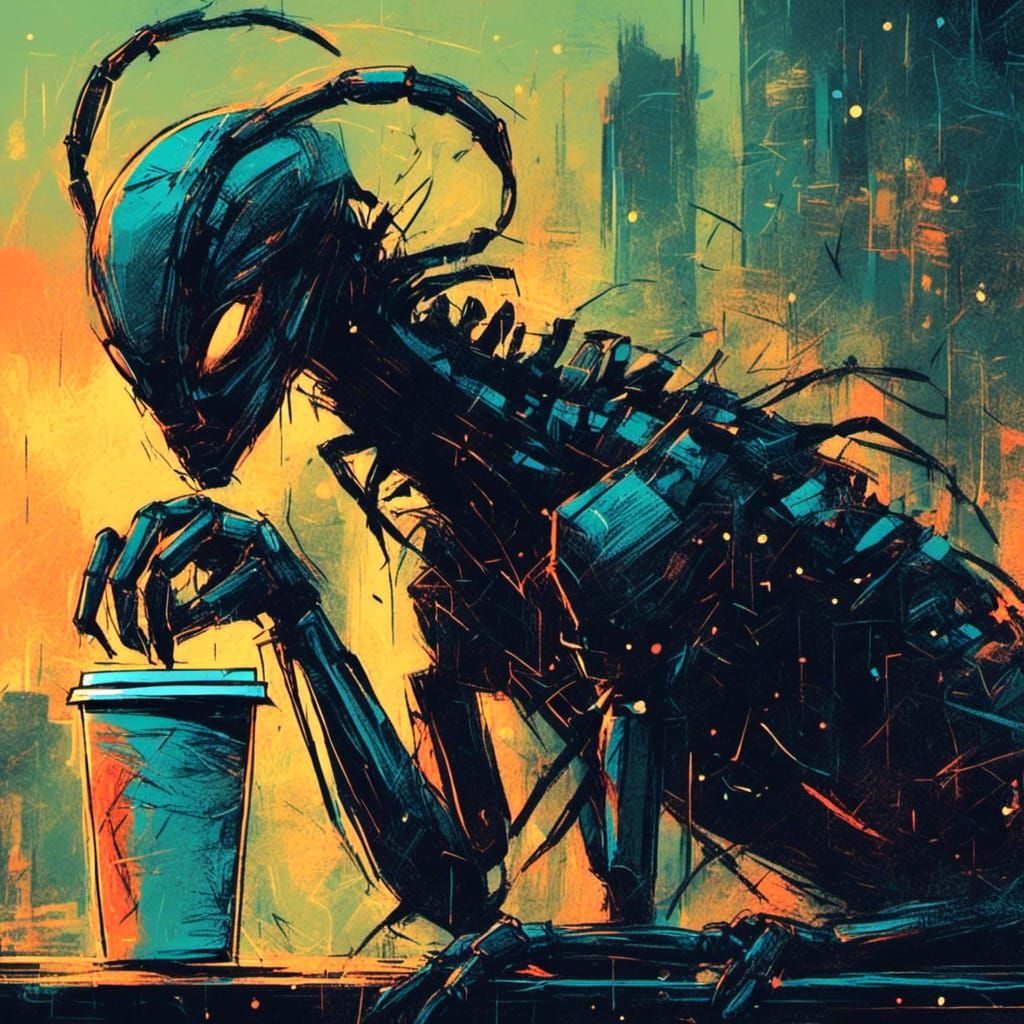 Cyberpunk Scorpion Drinks Coffee in Night City