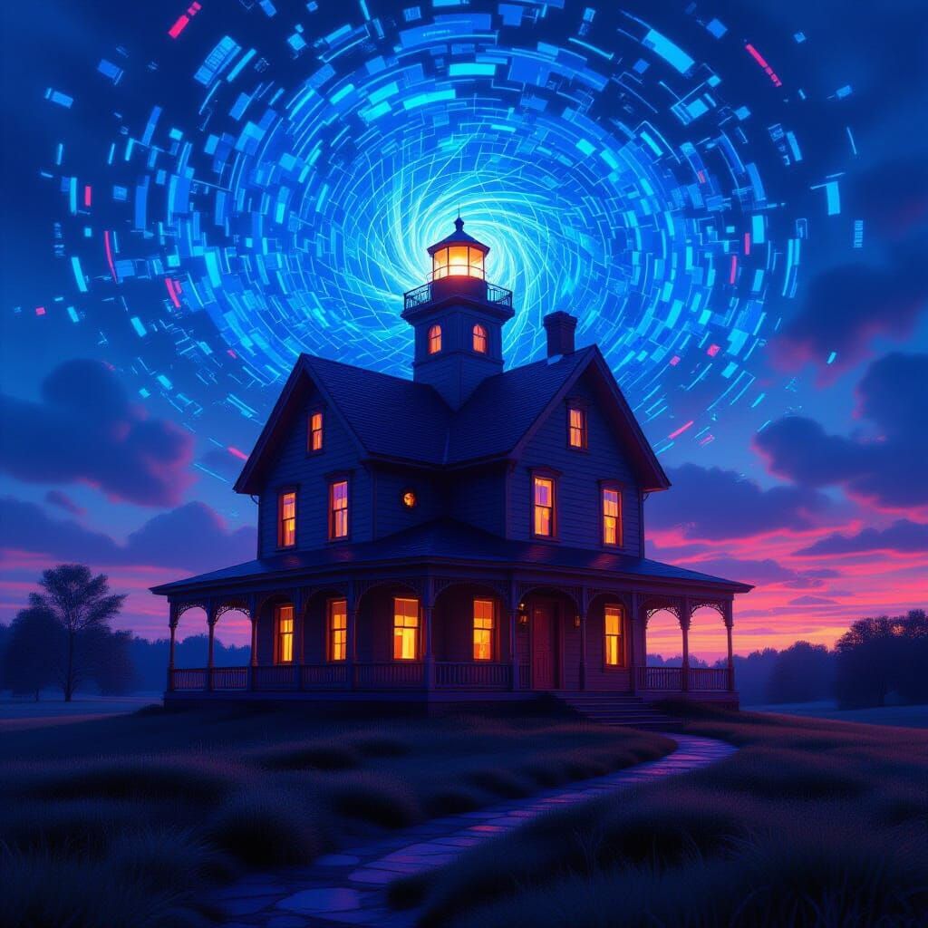 Surreal Farmhouse Built of Circuits and Shapes