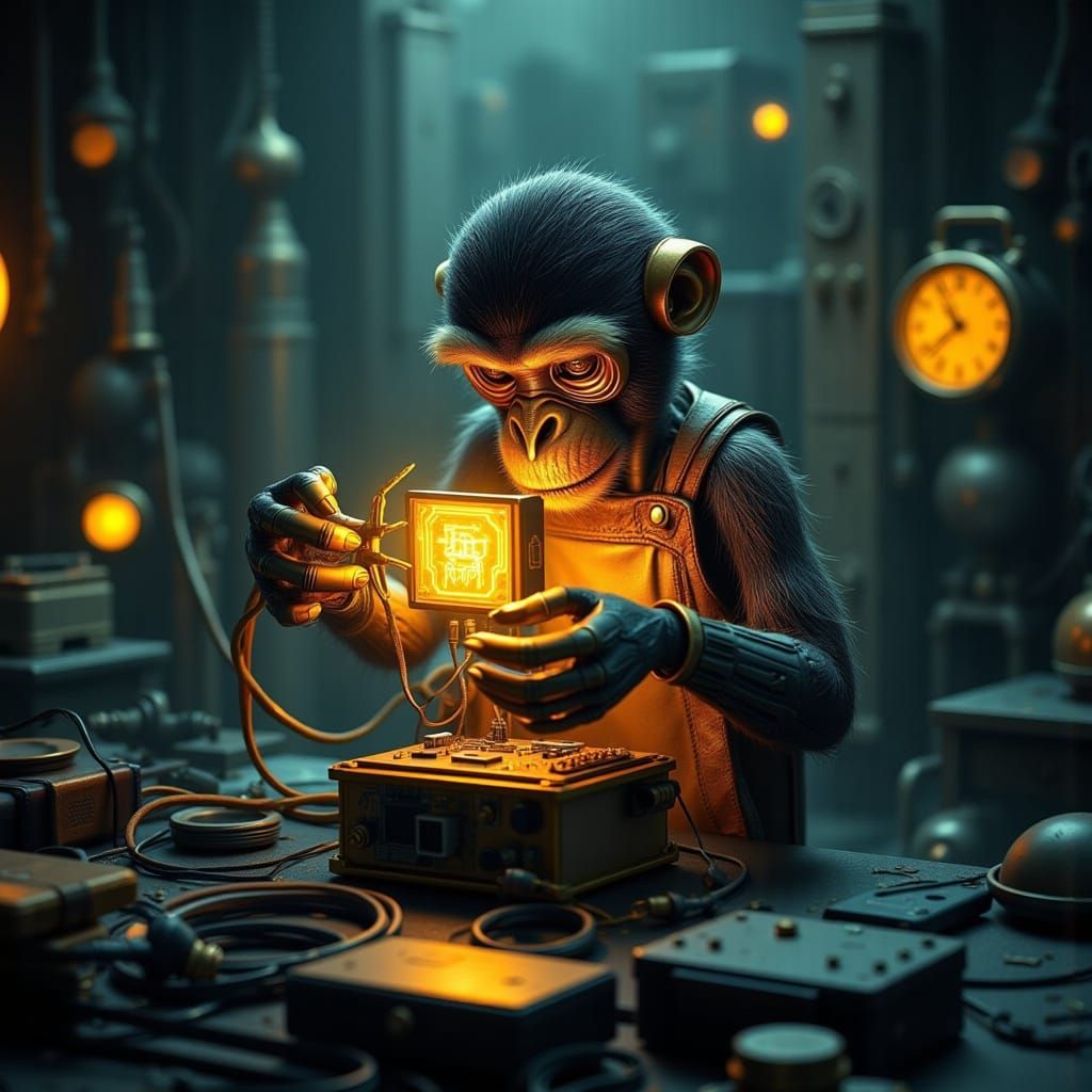 Glowing Node Monkey in Cyberpunk Aesthetic