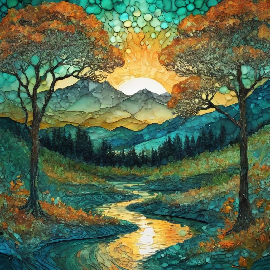 Sunrise Behind Arabesque Forest in Impasto Style