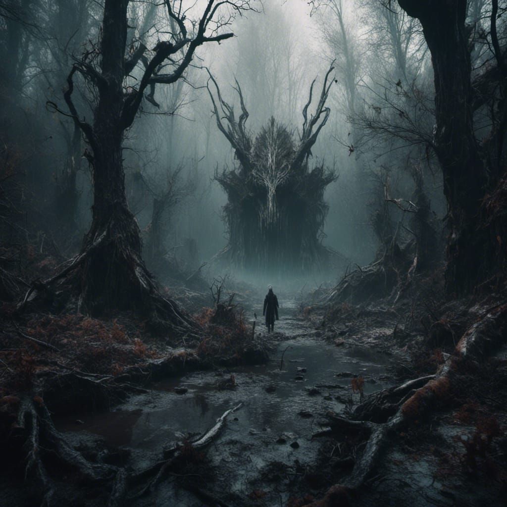 Monochrome Forest Scene with Lurking Creature