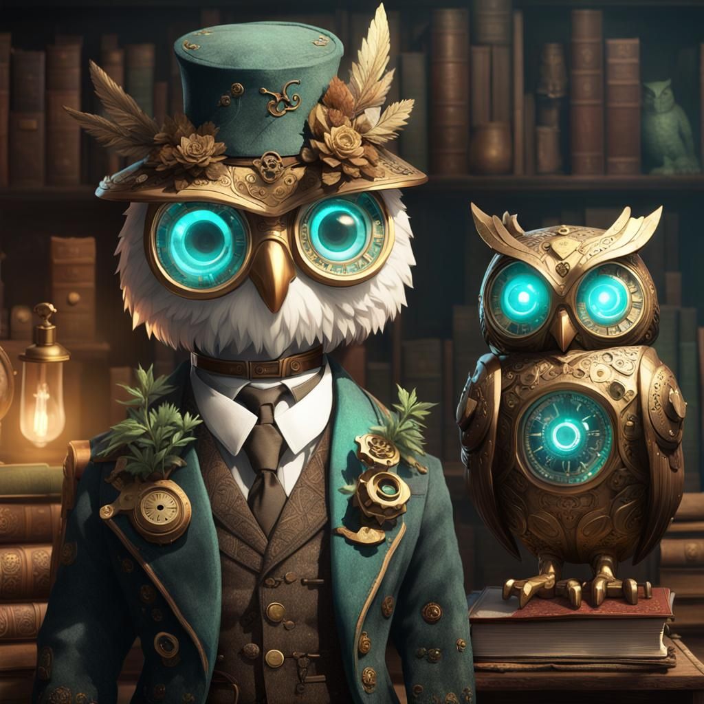 Victorian Autognome with Mechanical Owl: 3D Anime Art