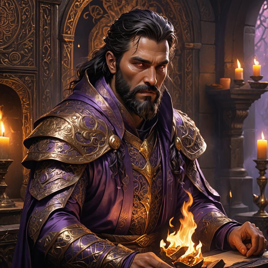 Sorcerer Weaving Infernal Magic Spells in Fantasy Art