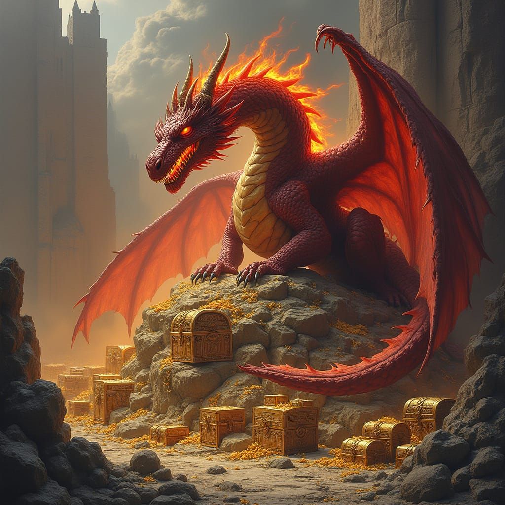 Majestic Dragon Sits Upon Treasure Hoard