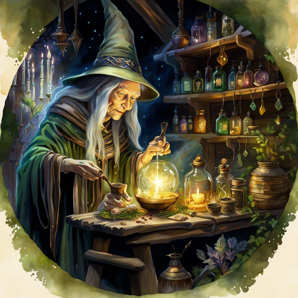 Enchanting Witch's Cabin in Digital Watercolor Style