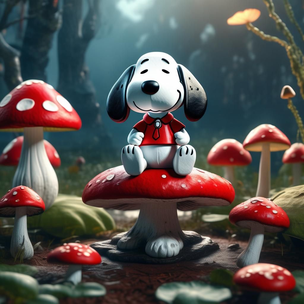 Snoopy Meditating on Mushroom, Fantasy Concept Art