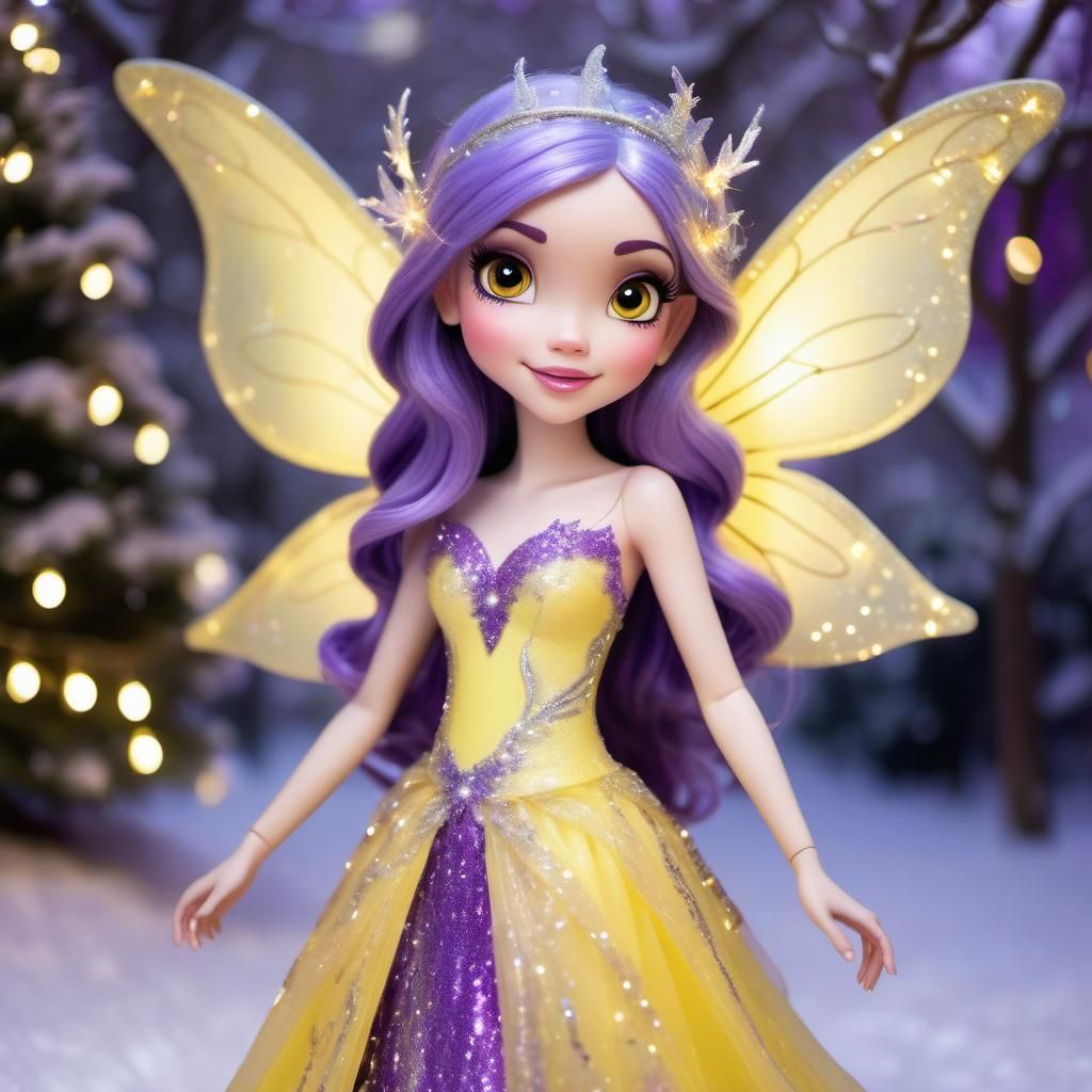 Twinkling fairy lights, Disney Pixar style 3D beautiful and elegant Fairy Princess, wearing a glittery and sparkly yello...