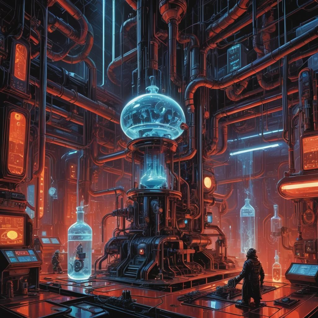 Futuristic Alchemist Creates Glowing Potion in Cyberpunk Lab