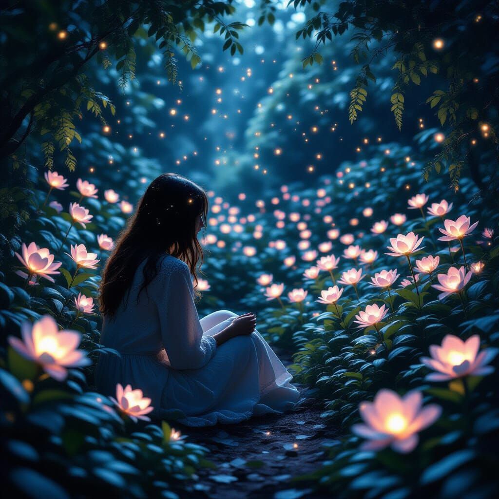 Woman in Glowing Midnight Garden, Dreamlike Scene