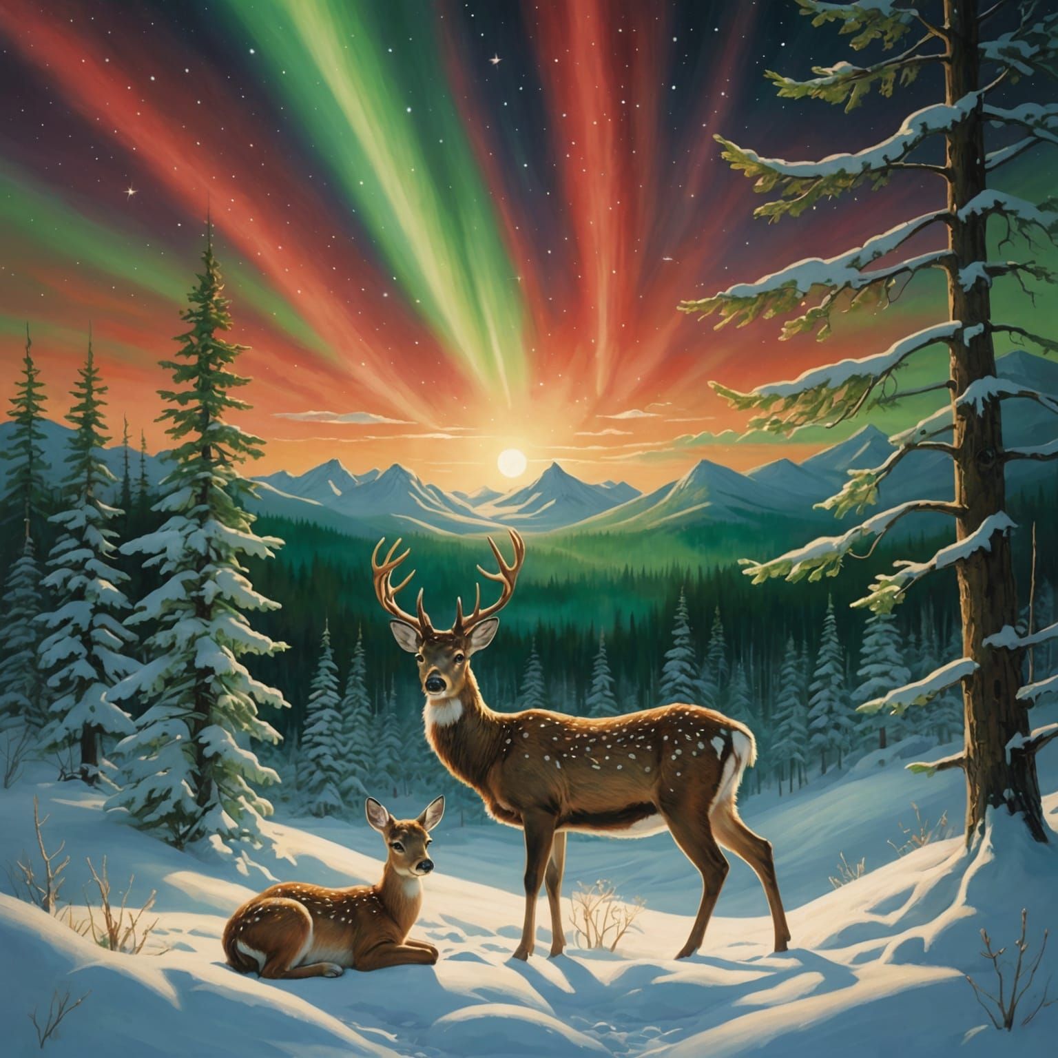 Deer Watch Over Baby in Snowy Woods