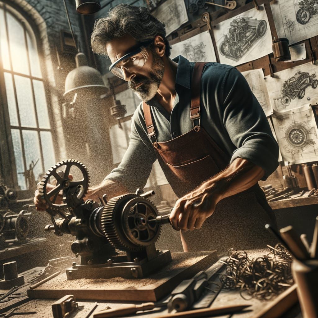 Hispanic Mechanic Works on Complex Machinery in Sunlit Works...