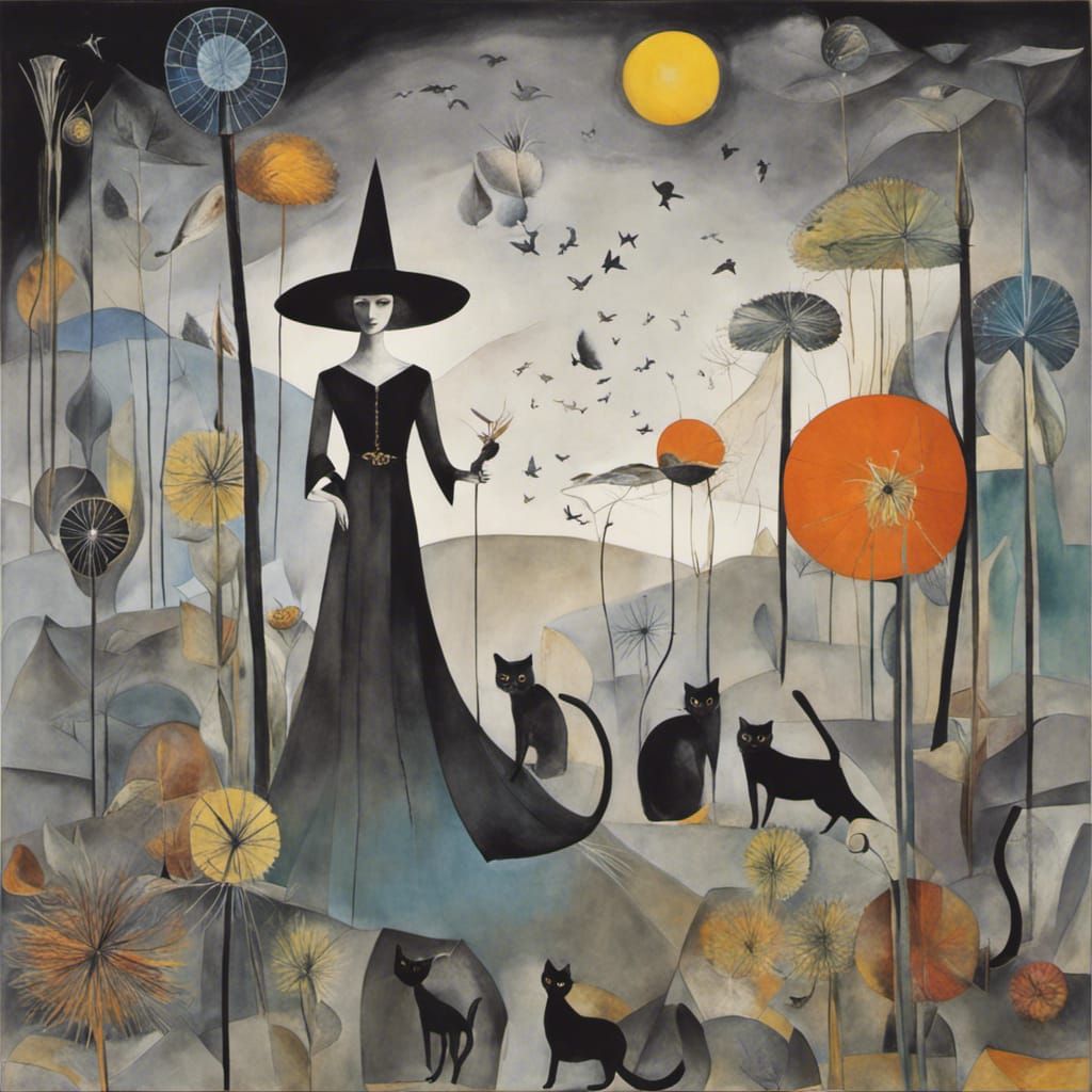 Witches and  family of black cats in a Million Leaf and  Dandelion dreamscape, Salvador Dali collaboration Paul Klee and...