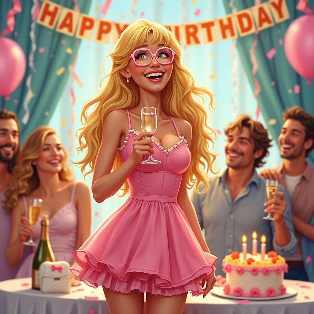 Joyful Birthday Celebration with Pink Dress and Friends