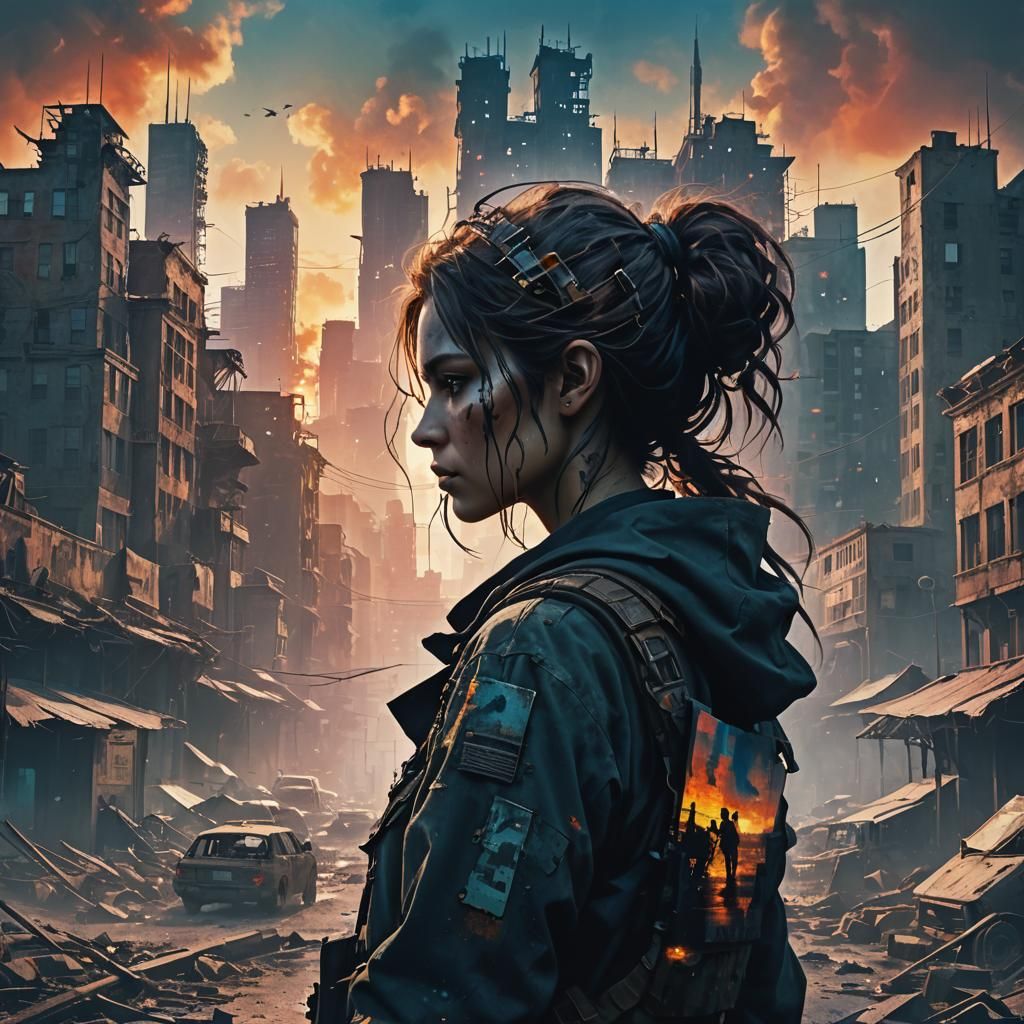 Silhouette Double Exposure: Woman Over Post-Apocalyptic City