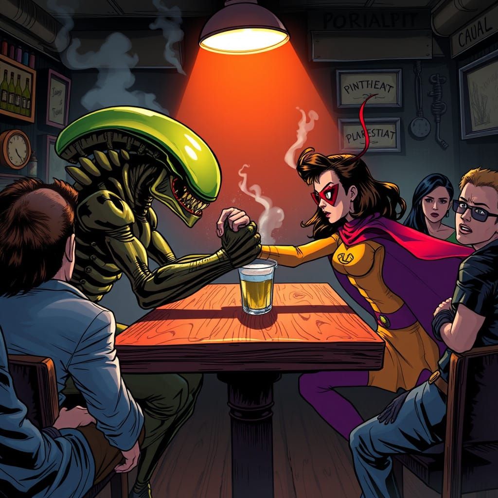 armwrestling superhero girl vs xenomorph comic