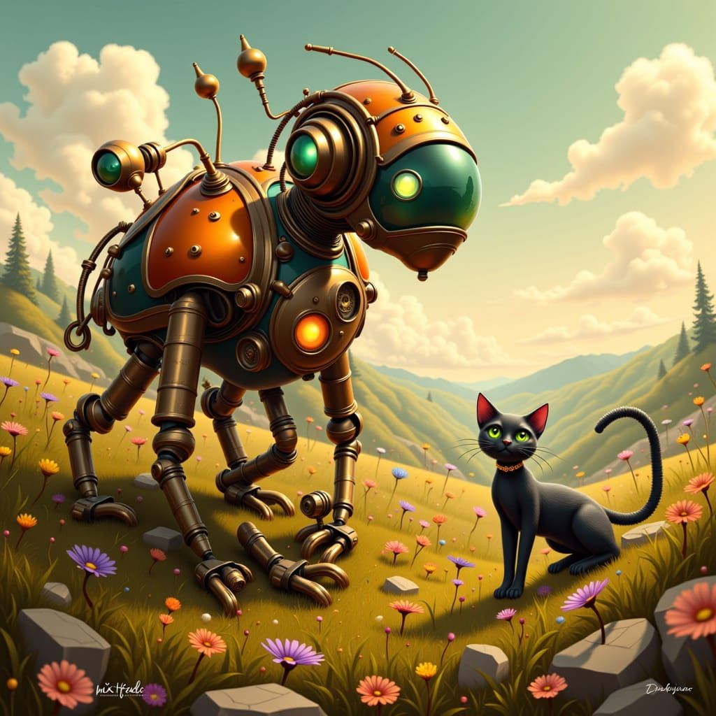 Steampunk Robot in Surreal Landscape, Dreamy Concept Art