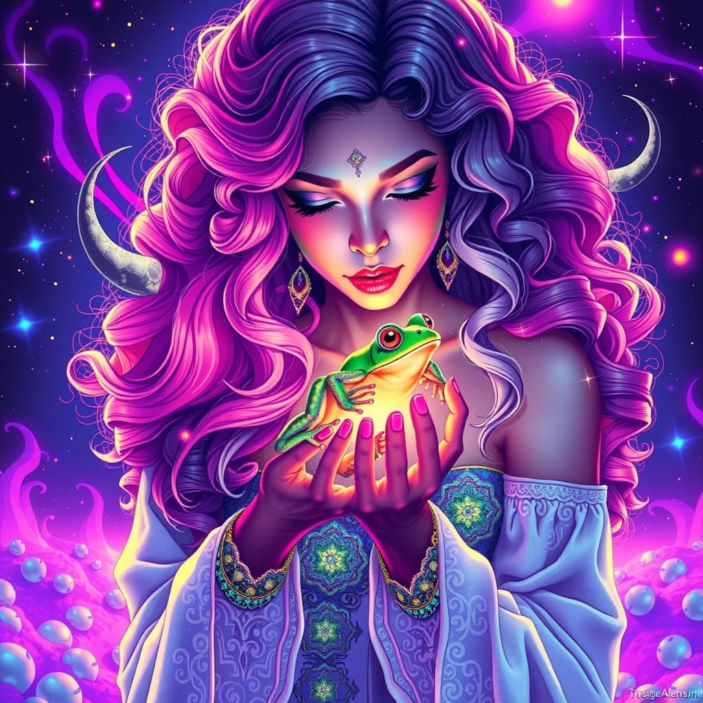 Cosmic Woman with Psychedelic Frog: Digital Fantasy Art