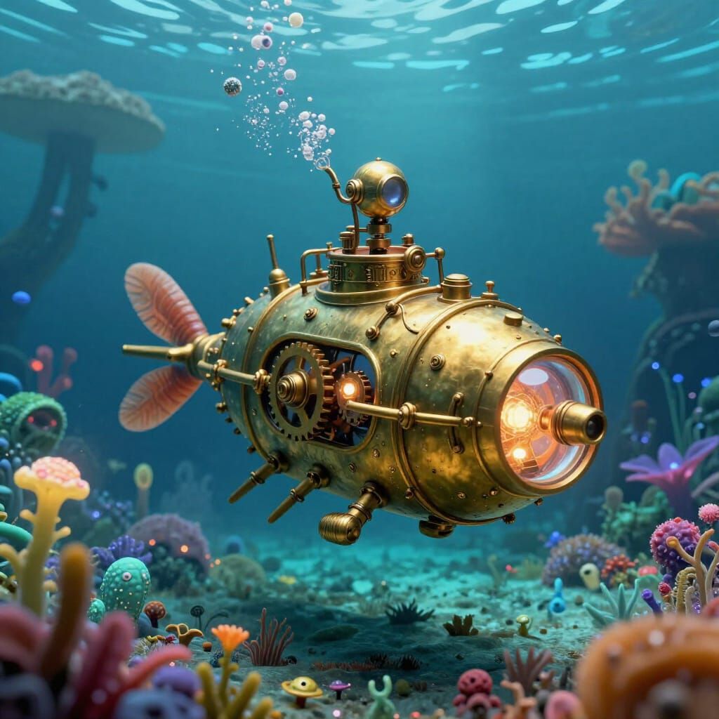 Giant Tardigrade Pilots Steampunk Submarine in Alien Ocean