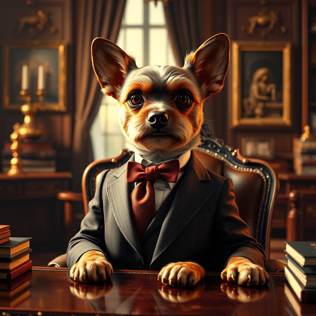 Dog Businesswoman in Ornate Office, High-Fantasy Concept Art