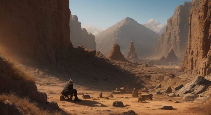Explorer Kneels Examining Fossil on Dusty Dig Site
