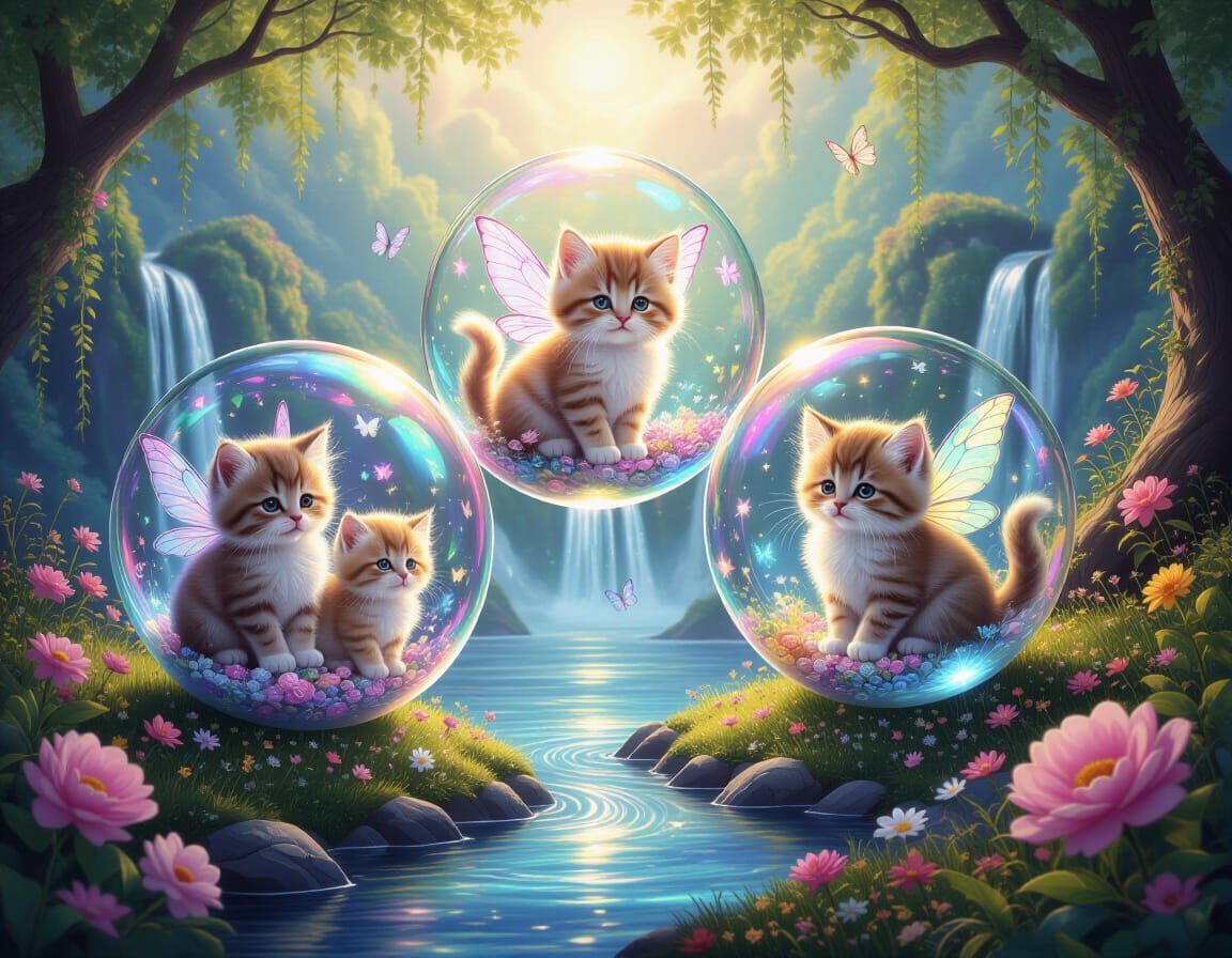 Enchanted Bubbles: Kittens and Fairies in a Dreamy Landscape
