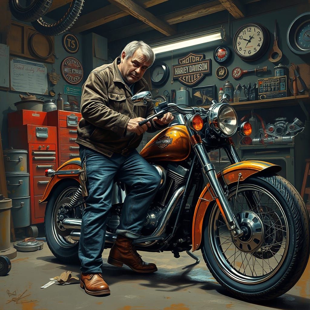 Gritty Motorcycle Mechanic at Work in Rustic Harley Garage