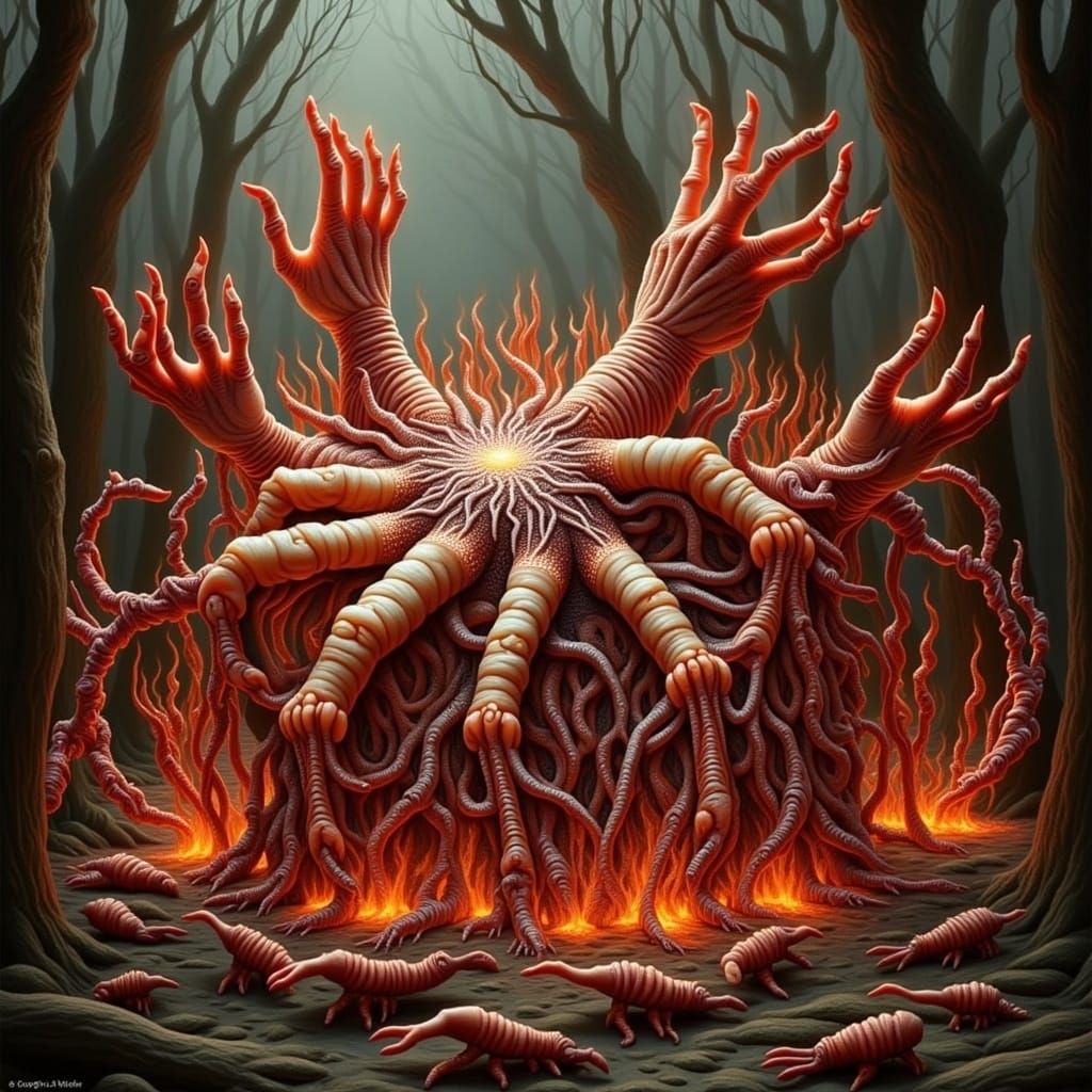 Surreal, Dreamlike Finger Slugs in a Fiery Landscape