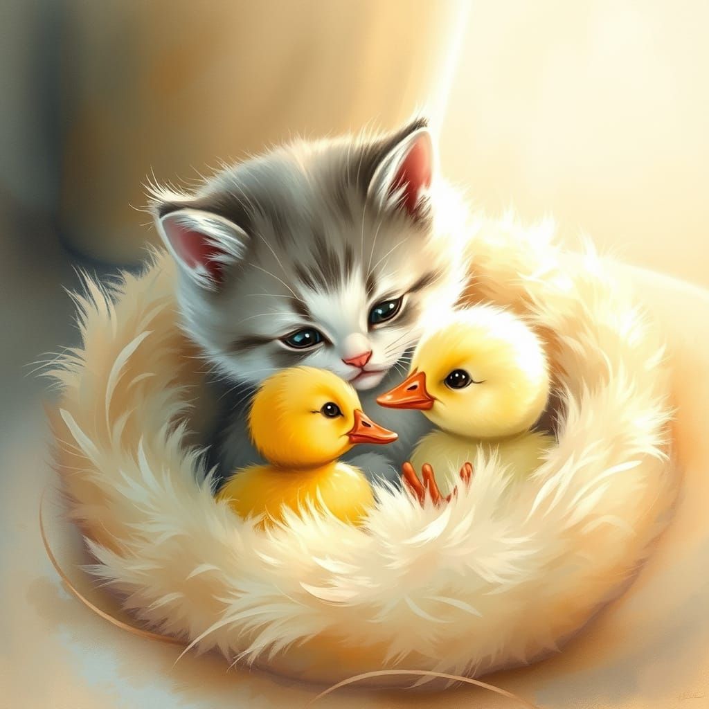 Whimsical Woodland Creatures Cuddle in Sunny Delight