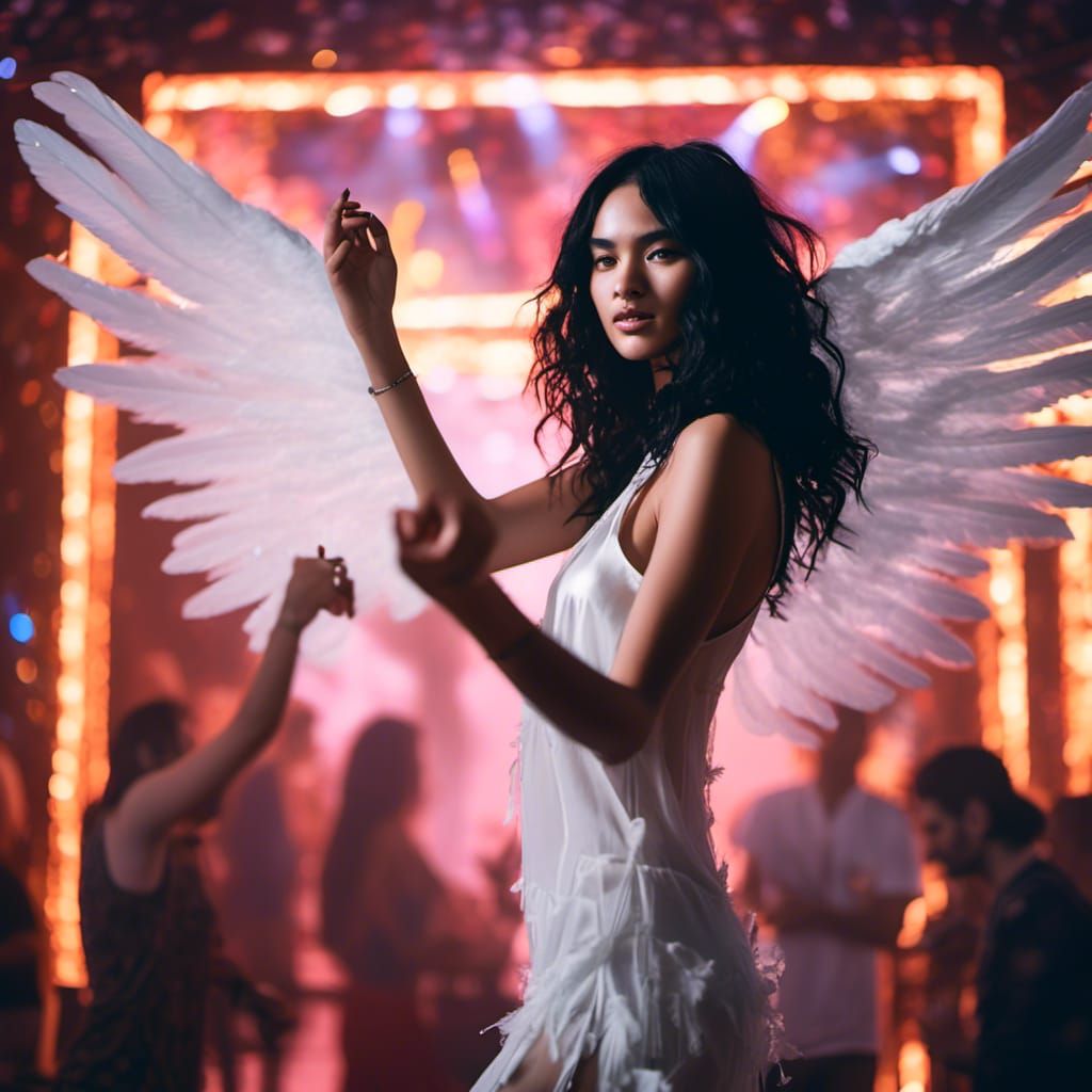 Woman with Angel Wings Dancing in Nightclub