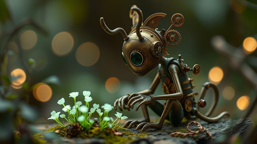 Clockwork Forest Spirit Tending Bioluminescent Garden
