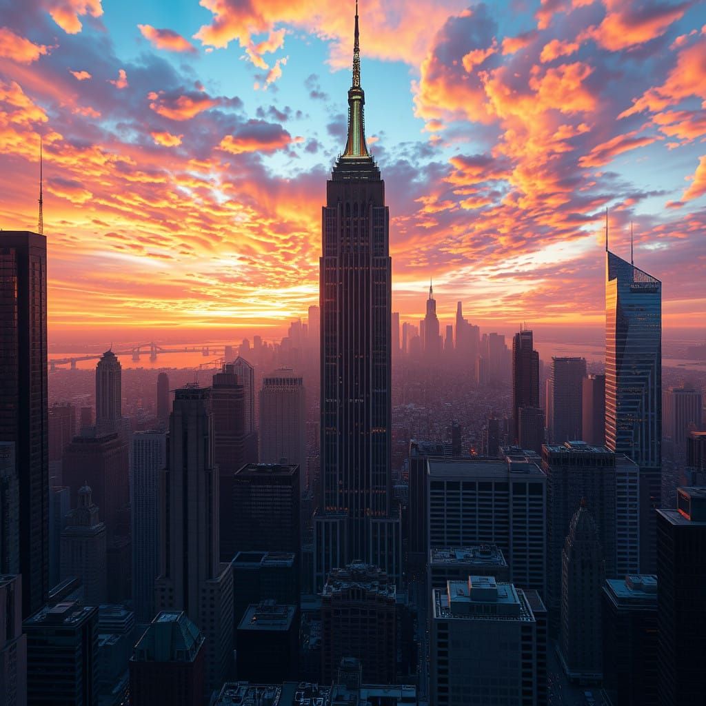 Majestic New York City Skyscrapers in Vibrant Fantasy Sky