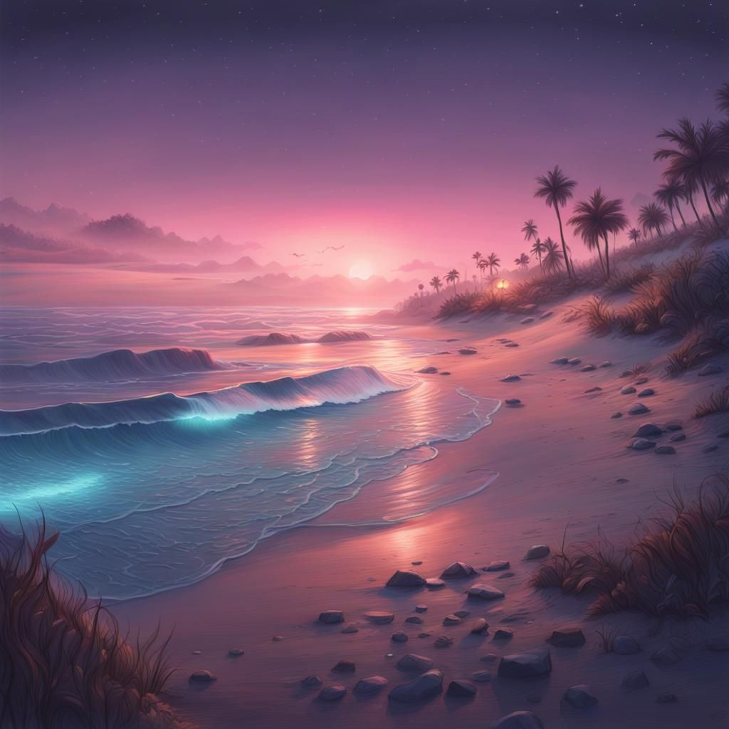 Dreamy Pastel Beach at Night