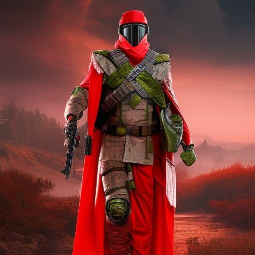 photorealistic, Sci fi Fantasy military-magician in red wood...