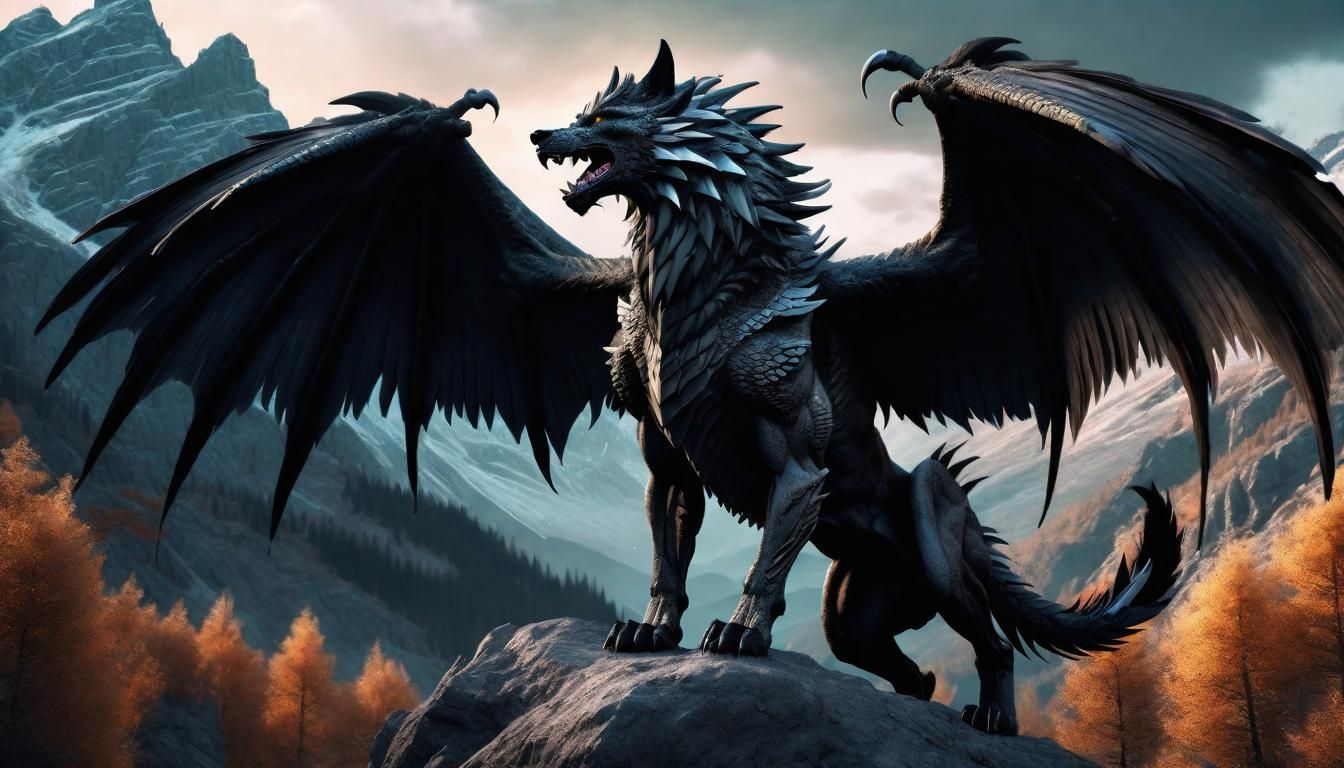 Winged Wolf-Dragon Hybrid in Gritty Matte Painting Style