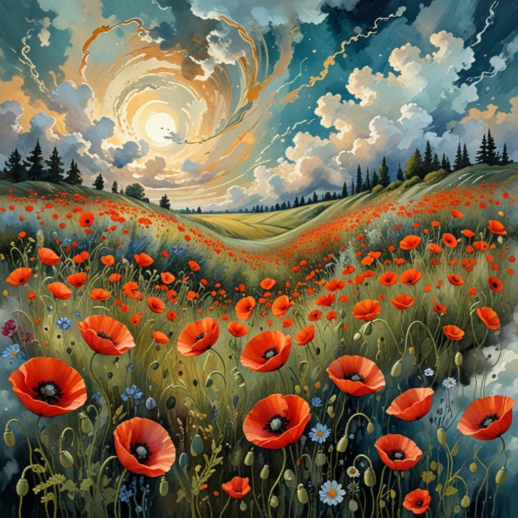 Whimsical Poppies Dance in the Clouds