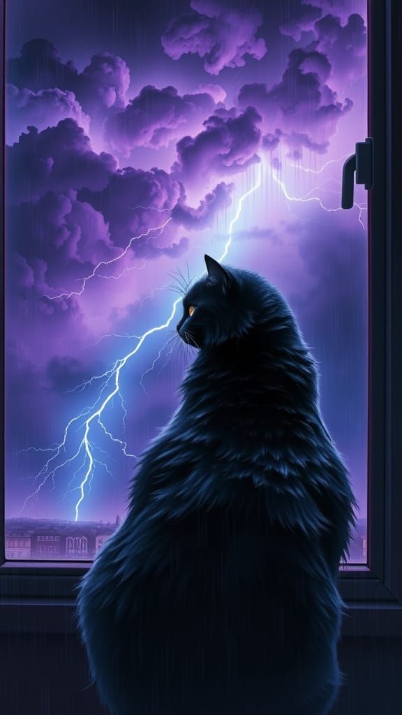 Majestic Chonky Tuxedo Cat Amidst Turbulent Violet Storm