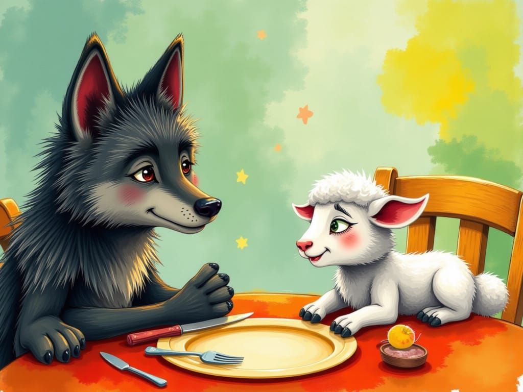 Wolf and Lamb Cartoon in Eric Carle Style