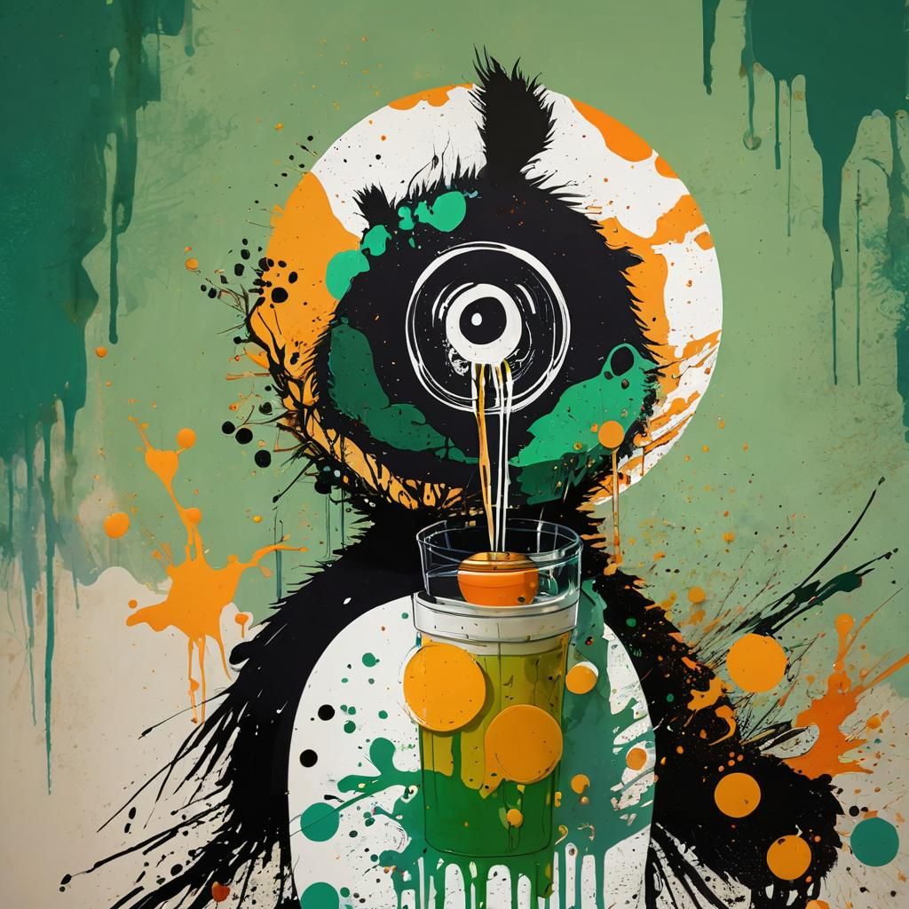 Panda Drinking Bubble Tea in Ink Splatter Art